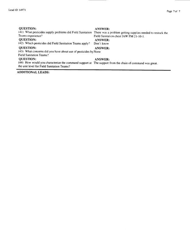   Lead Sheet #14971, Interview with 1st Armored Division, 123rd Combat Support Battalion, Company F preventive medicine specialist, February 10, 1998.