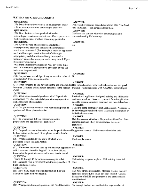Lead Sheet #14992, Interview with 983rd Medical Detachment entomologist, February 11, 1998.
