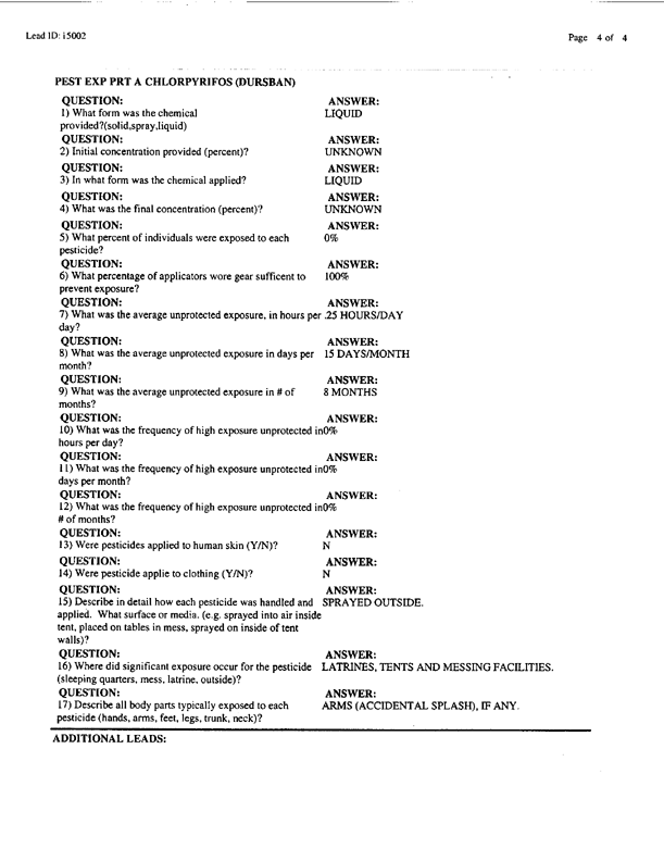 Lead Sheet #15002, Interview with 307th Medical Detachment preventive medicine NCO, March 11, 1998; 