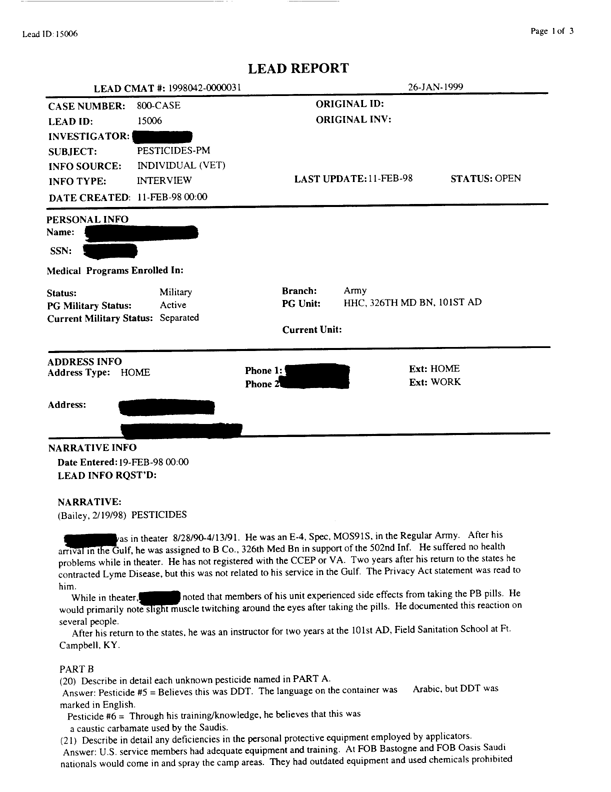   Lead Sheet #15006, Interview with 326th Medical Battalion preventive medicine specialist, February 19, 1998.