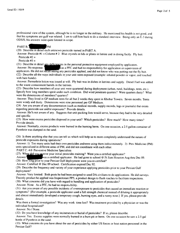   Lead Sheet #15019, Interview with 926th Medical Detachment preventive medicine specialist, February 23, 1998.
