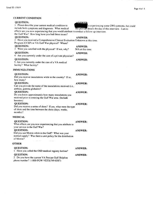   Lead Sheet #15019, Interview with 926th Medical Detachment preventive medicine specialist, February 23, 1998.