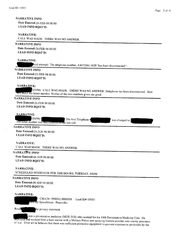 Lead Sheet #15033, Interview with 14th Preventive Medicine Detachment preventive medicine specialist, September 9, 1998;