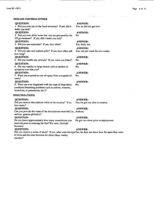 Lead Sheet #15033, Interview with 14th Preventive Medicine Detachment preventive medicine specialist, September 9, 1998;
