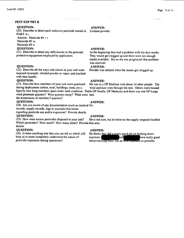 Lead Sheet #15033, Interview with 14th Preventive Medicine Detachment preventive medicine specialist, September 9, 1998;