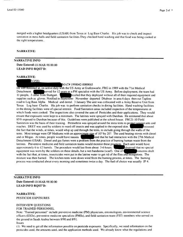 Lead Sheet #15040, Interview with 71st Medical Detachment preventive medicine specialist, February 26, 1998