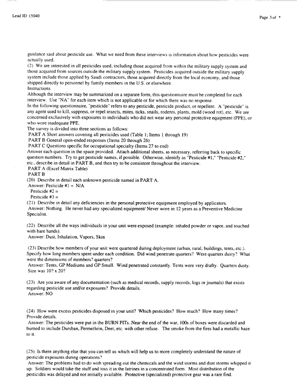 Lead Sheet #15040, Interview with 71st Medical Detachment preventive medicine specialist, February 26, 1998