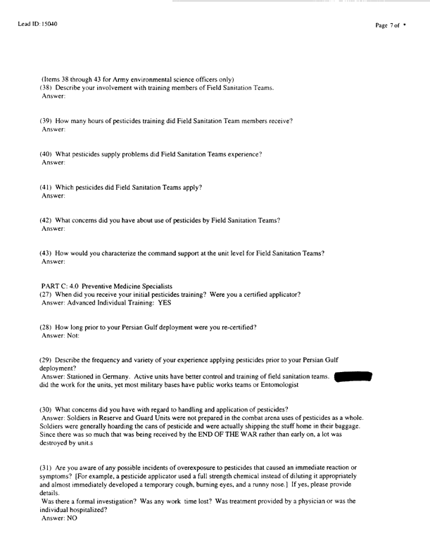 Lead Sheet #15040, Interview with 71st Medical Detachment preventive medicine specialist, February 26, 1998