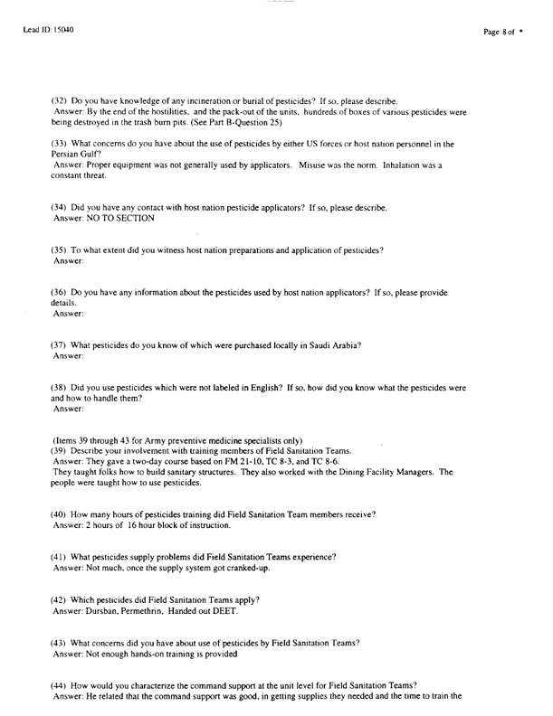 Lead Sheet #15040, Interview with 71st Medical Detachment preventive medicine specialist, February 26, 1998