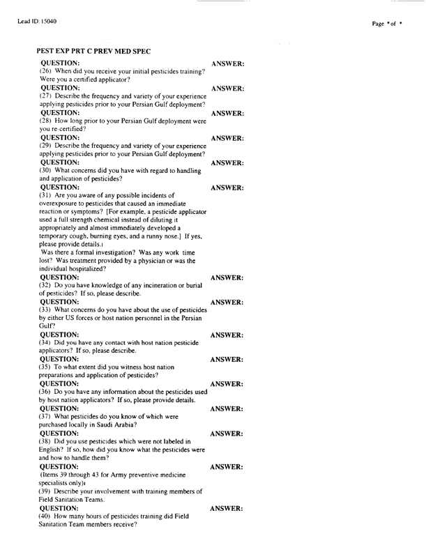 Lead Sheet #15040, Interview with 71st Medical Detachment preventive medicine specialist, February 26, 1998