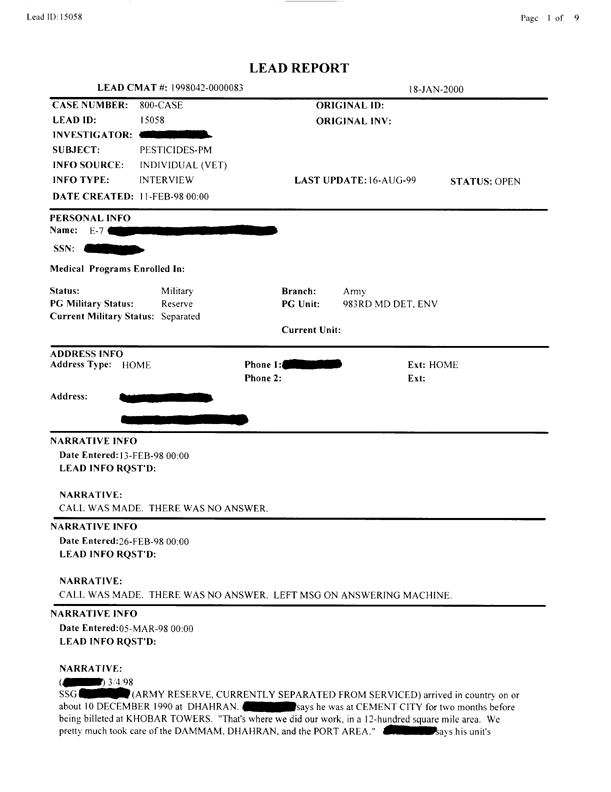   Lead Sheet #15058, Interview with 983rd Medical Detachment preventive medicine specialist, March 4, 1998.