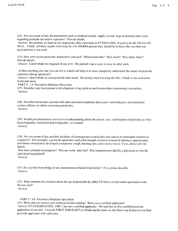   Lead Sheet #15058, Interview with 983rd Medical Detachment preventive medicine specialist, March 4, 1998.