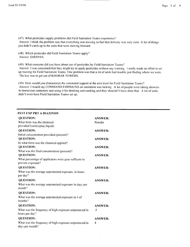   Lead Sheet #15058, Interview with 983rd Medical Detachment preventive medicine specialist, March 4, 1998.