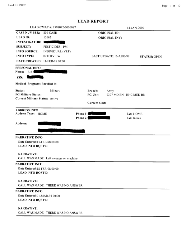   Lead Sheet #15062, Interview with 307th Medical Battalion preventive medicine specialist, March 18, 1998.