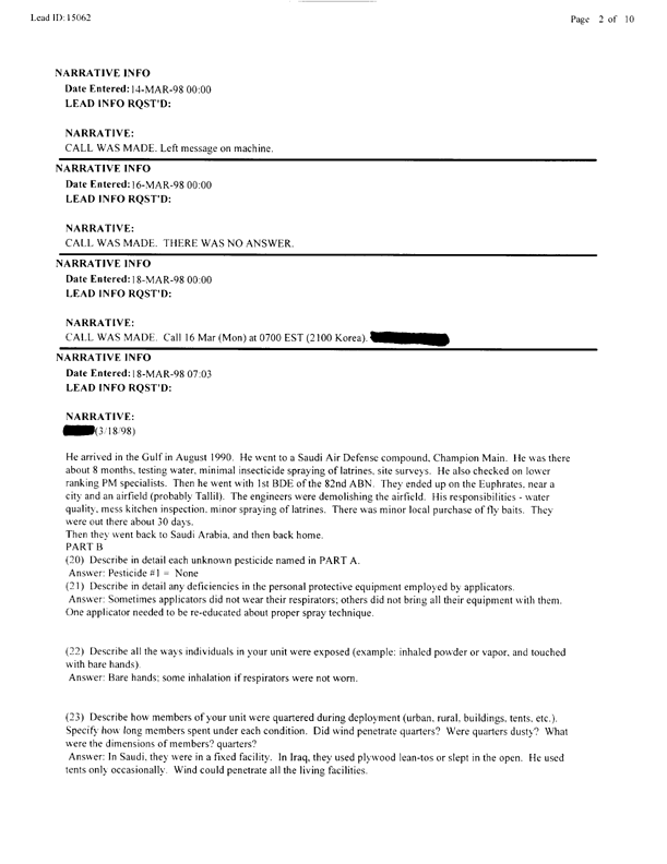   Lead Sheet #15062, Interview with 82nd Airborne Battalion, 307th Medical Battalion preventive medicine specialist, March 18, 1998.