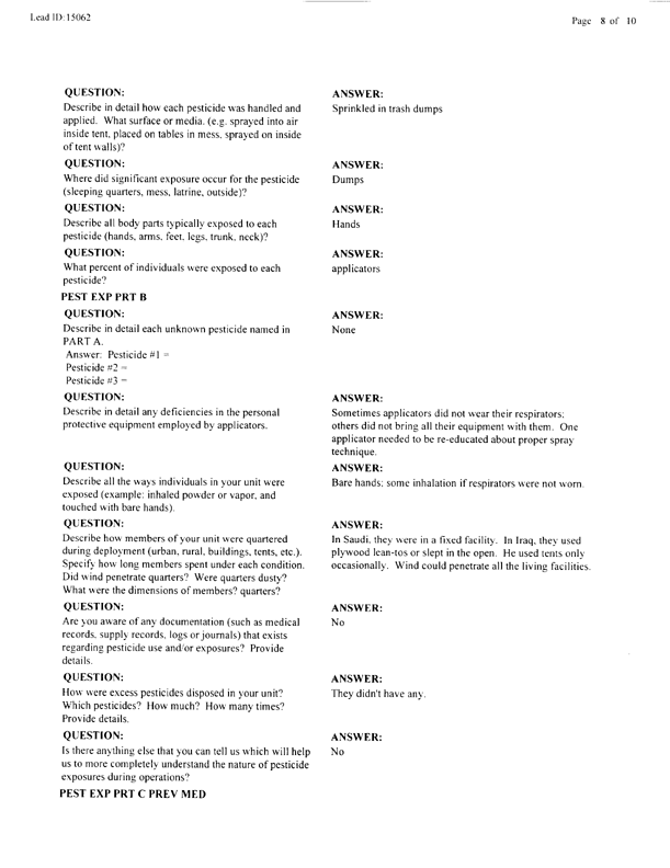  Lead Sheet #15062, Interview with 82nd Airborne Battalion, 307th Medical Battalion preventive medicine specialist, March 18, 1998.