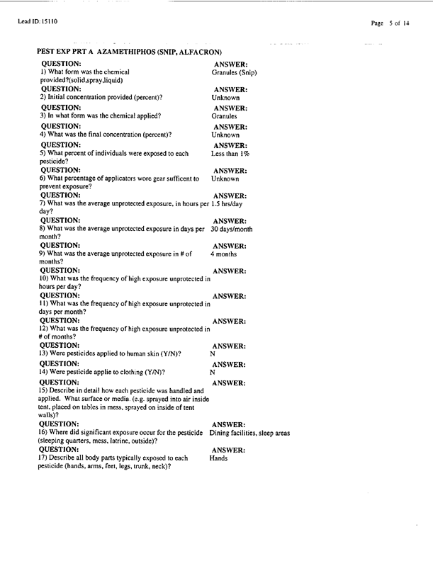   Lead Sheet #15110, Interview with 307th Medical Battalion environmental science officer, February 26, 1998.