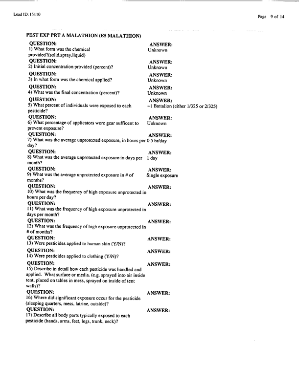   Lead Sheet #15110, Interview with 307th Medical Battalion environmental science officer, February 16, 1998.