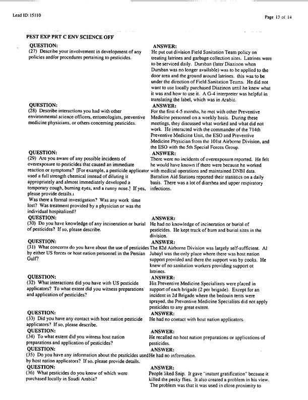   Lead Sheet #15110, Interview with 307th Medical Battalion environmental science officer, February 26, 1998.