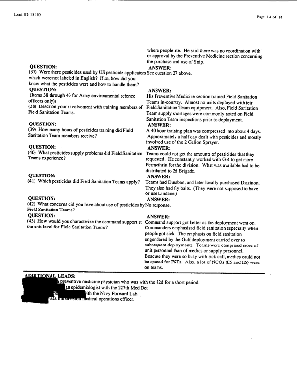    Lead Sheet #15110, Interview with 307th Medical Battalion environmental science officer, February 16, 1998.