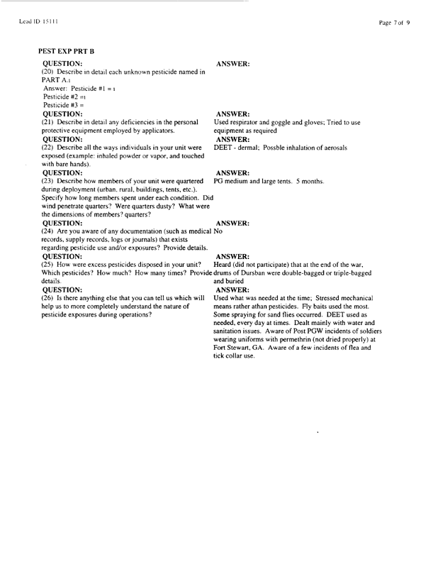 Lead Sheet #15111, Interview with 24th Mechanized Infantry Division preventive medicine specialist, February 16, 1998.