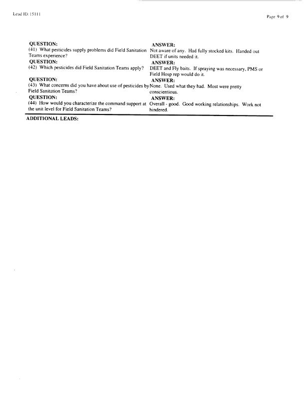 Lead Sheet #15111, Interview with 24th Mechanized Infantry Division preventive medicine specialist, February 16, 1998.