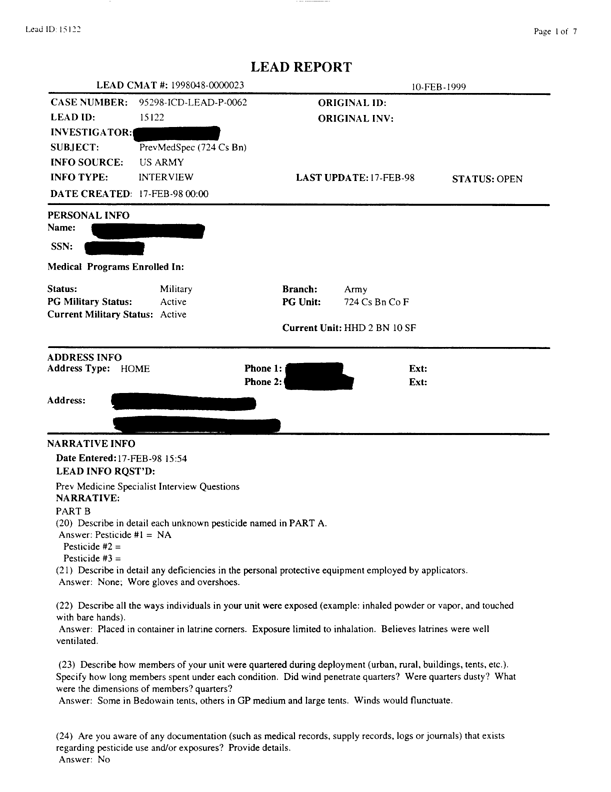 Lead Sheet #15122, Interview with 24th Mechanized Infantry Division preventive medicine specialist, February 17, 1998.