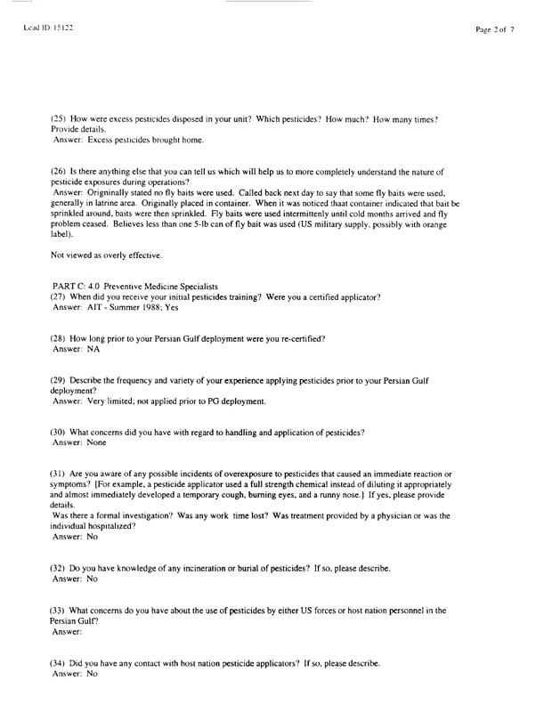 Lead Sheet #15122, Interview with 24th Mechanized Infantry Division preventive medicine specialist, February 17, 1998.