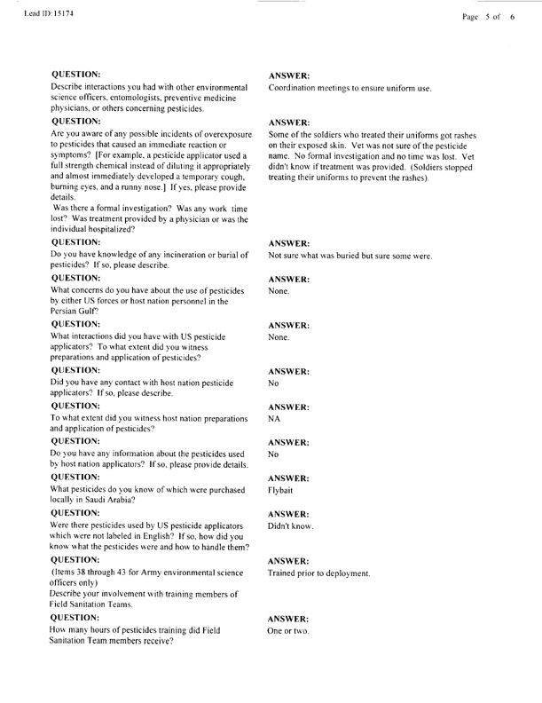   Lead Sheet #15174, Interview with 14th Medical Detachment environmental science officer, March 10, 1998.