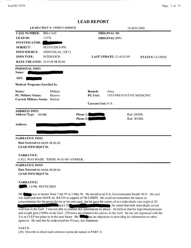   Lead Sheet #15176, Interview with 14th Medical Detachment preventive medicine specialist, March 4, 1998.