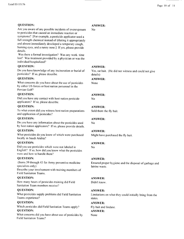   Lead Sheet #15176, Interview with 14th Medical Detachment preventive medicine specialist, March 4, 1998.