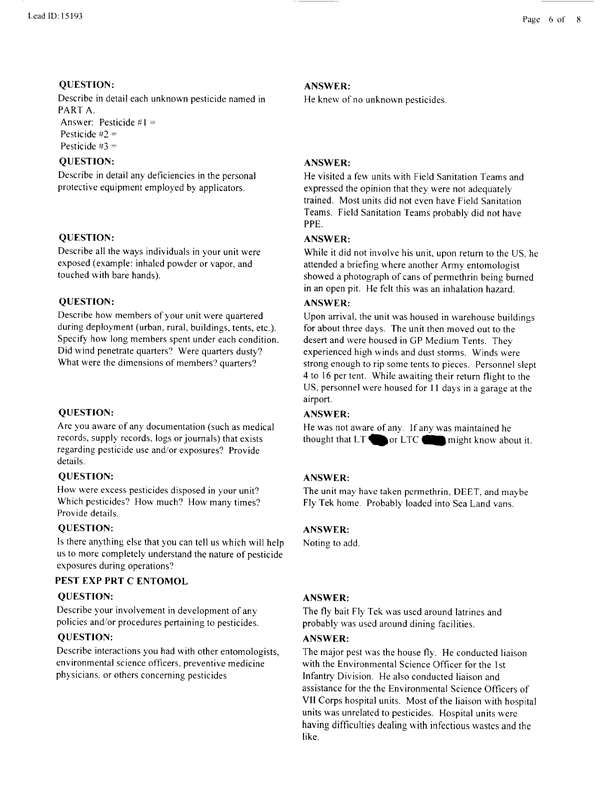   Lead Sheet #15193, Interview with 14th Medical Detachment entomologist, April 14, 1998.