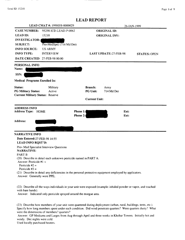   Lead Sheet #15218, Interview with 714th Medical Detachment preventive medicine specialist, February 27, 1998.