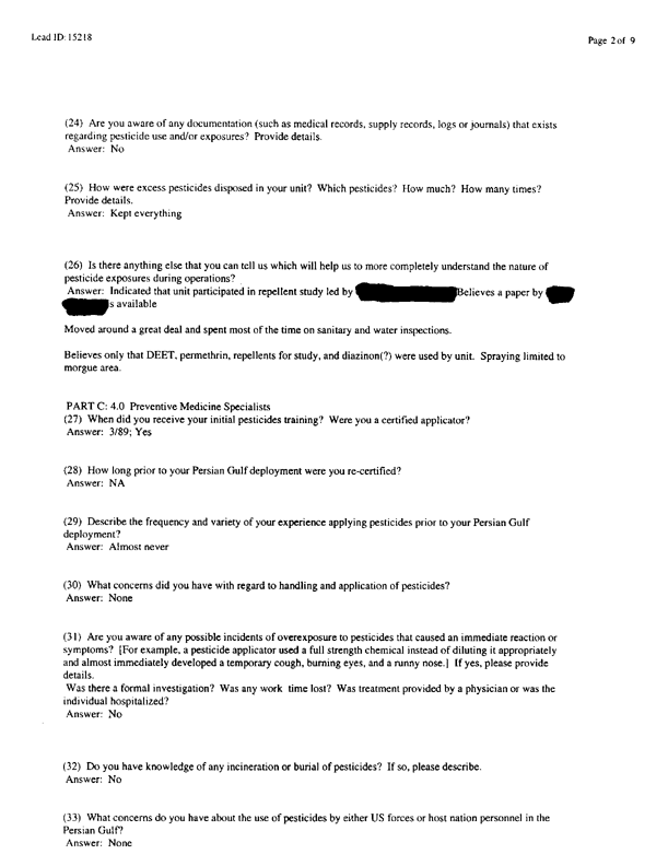   Lead Sheet #15218, Interview with 714th Medical Detachment preventive medicine specialist, February 27, 1998.