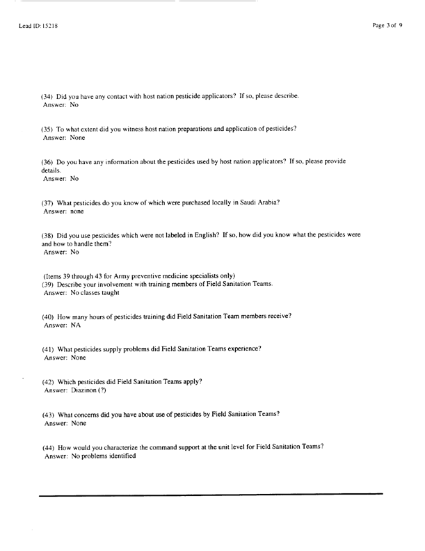   Lead Sheet #15218, Interview with 714th Medical Detachment preventive medicine specialist, February 27, 1998.