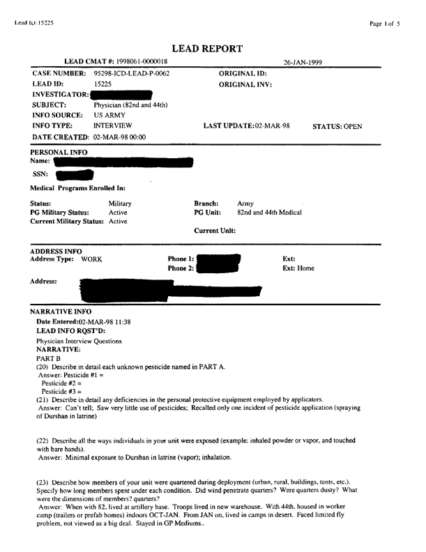   Lead Sheet #15225, Interview with 44th Medical Brigade Physician, March 2, 1998.