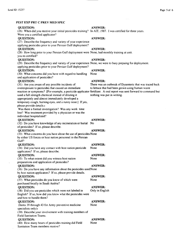   Lead Sheet #15237, Interview with 14th Medical Detachment preventive medicine specialist, March 3, 1998.