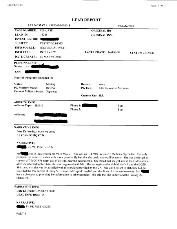   Lead Sheet #15245, Interview with 14th Medical Detachment preventive medicine specialist, March 3, 1998.