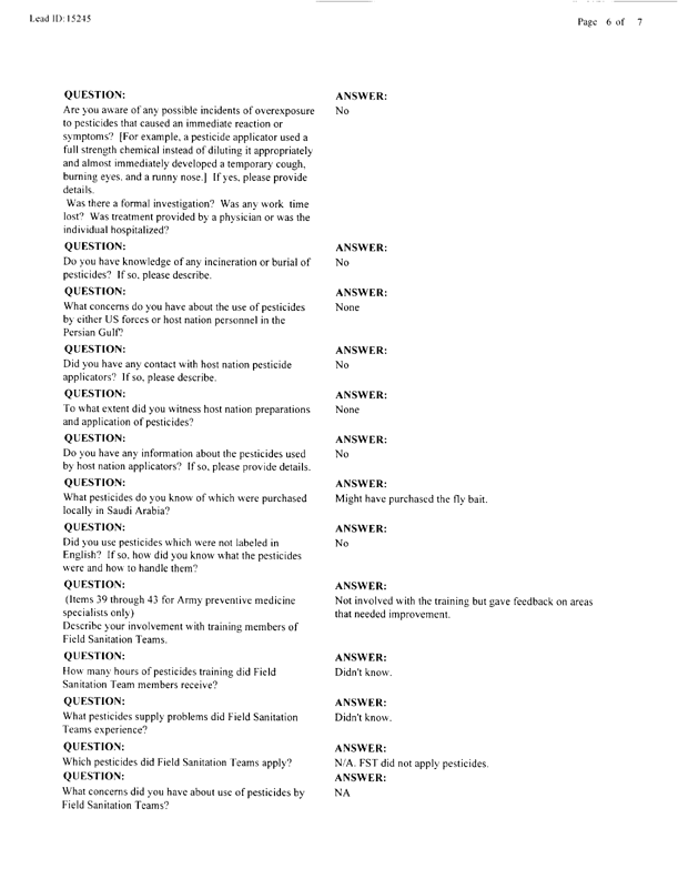   Lead Sheet #15245, Interview with 14th Medical Detachment preventive medicine specialist, March 3, 1998.