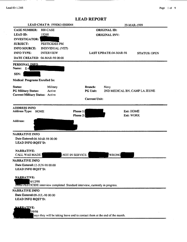   Lead Sheet #15268, Interview with 2nd Medical Battalion preventive medicine specialist, July 29, 1998.