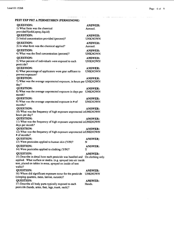   Lead Sheet #15268, Interview with 2nd Medical Battalion preventive medicine specialist, July 29, 1998.