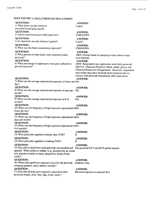   Lead Sheet #15269, Interview with 1st Marine Expeditionary Force preventive medicine technician, March 30, 1998; 