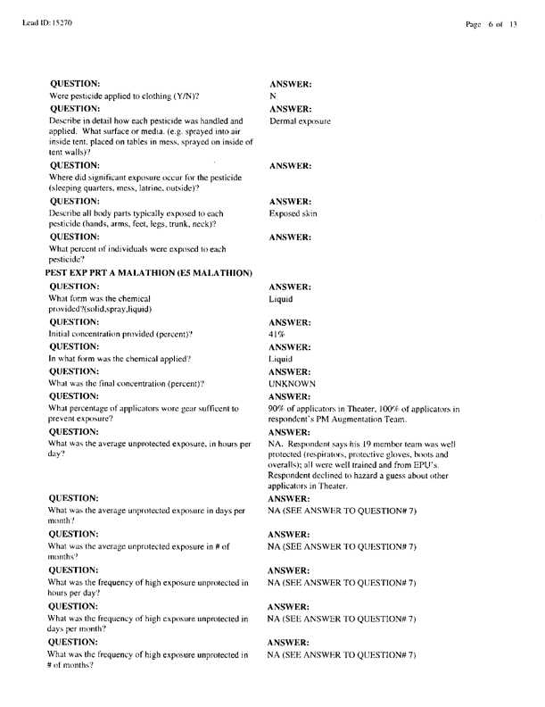   Lead Sheet #15270, Interview with 1st Medical Battalion preventive medicine technician, March 30, 1998.