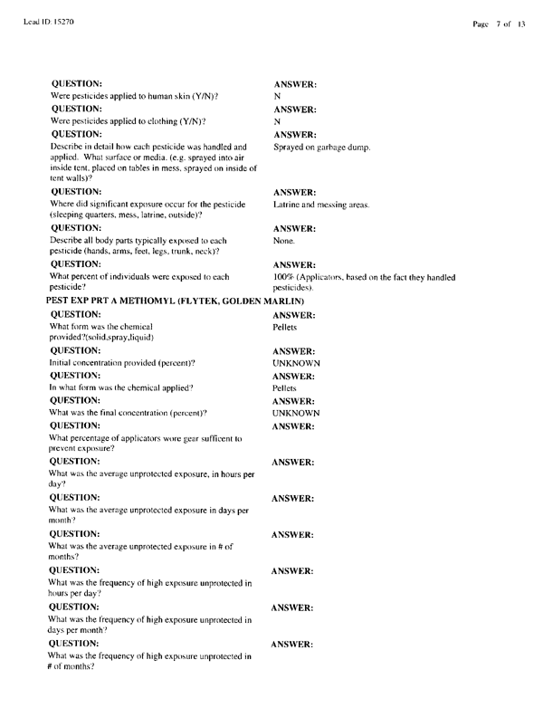   Lead Sheet #15270, Interview with 1st Medical Battalion preventive medicine technician, March 30, 1998.