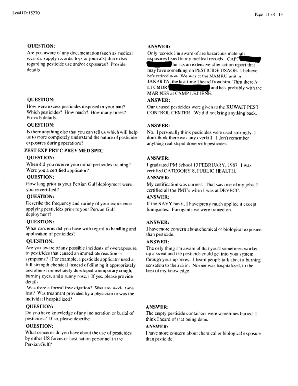   Lead Sheet #15270, Interview with 1st Medical Battalion preventive medicine technician, March 30, 1998.