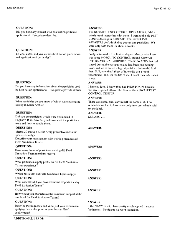   Lead Sheet #15270, Interview with 1st Medical Battalion preventive medicine technician, March 30, 1998.