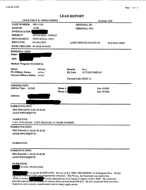 Lead Sheet #15289, Interview with 1st Force Service Support Group preventive medicine technician, March 11, 1998, p. 2