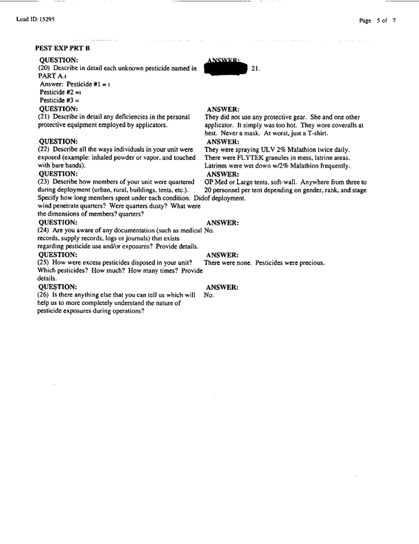Lead Sheet #15295, Interview with 3rd Marine Air Wing preventive medicine technician, July 2, 1998, p. 2.