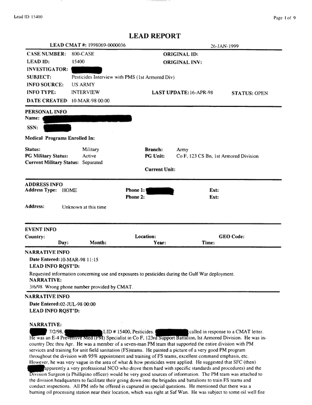   Lead Sheet #16044, Interview with 24th Mech. Infantry Division preventive medicine specialist, May 20, 1998.