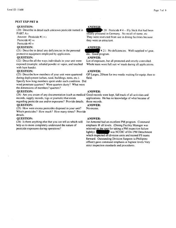   Lead Sheet #16044, Interview with 24th Mech. Infantry Division preventive medicine specialist, May 20, 1998.